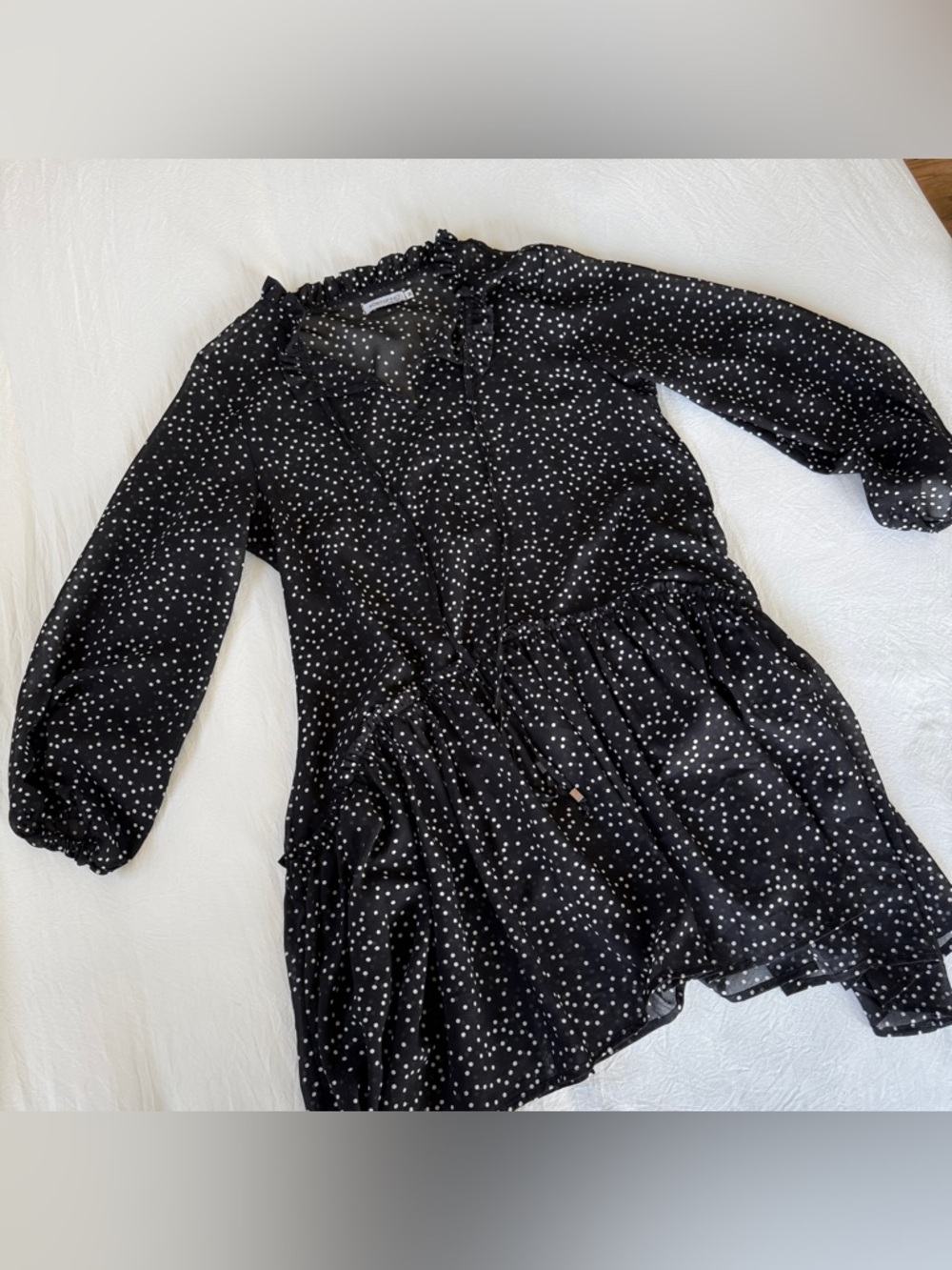 Black Polka Dot Long-Sleeve Drop Waist Dress